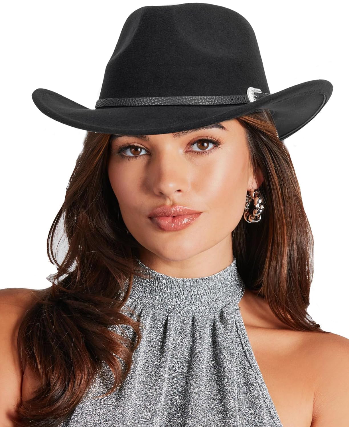 Classic-Women-Men-Western-Cowboy-Hat-Cowgirl-Hat-Wide-Brim-Outdoor-Fedora-Hat with Buckle-Belt Black