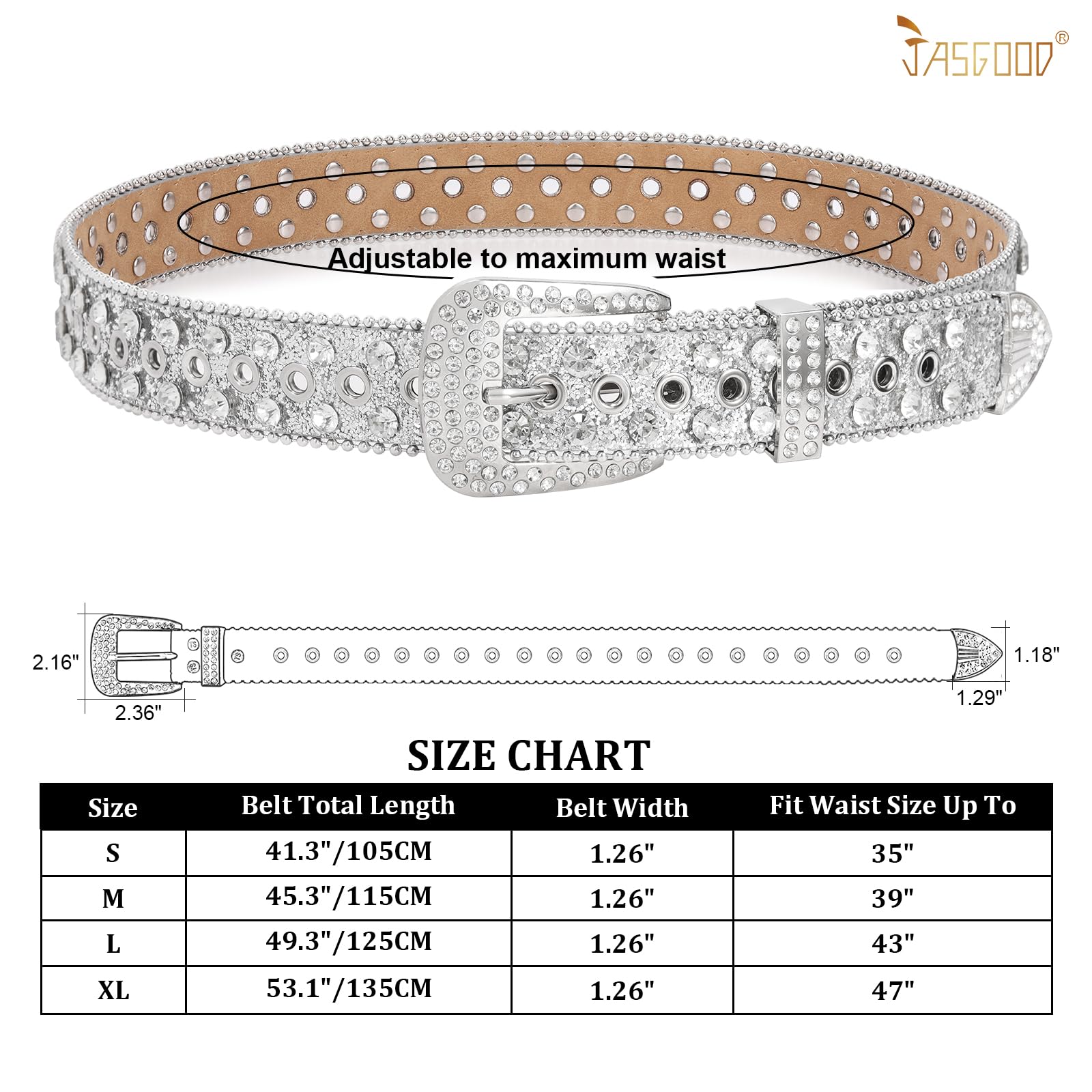 JASGOOD Rhinestone Belt for Women Men Western Cowgirl Bling Studded Leather Belt Sparkly Sequin Diamond belts for Jeans