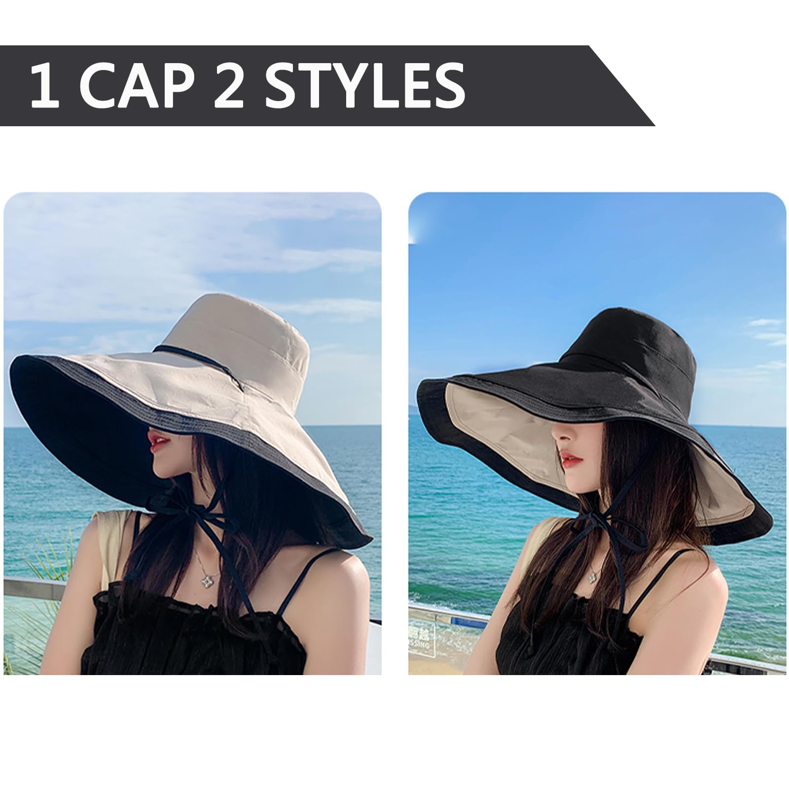 KEYDUACU 7" Women's Wide Brim Sun Hat, Large Foldable UV Protective Sun Hat, can be Worn on Both Sides, Suitable for Beach, Gardening, Travelling, Hiking（Black/White）