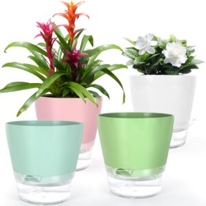 4 pcs self watering plant pot , 6 inch plant pot with drainage hole and large capacity reservoir, pots for plants with saucer, 2 in 1 indoor plant pots indoor perfect for living room, odorless