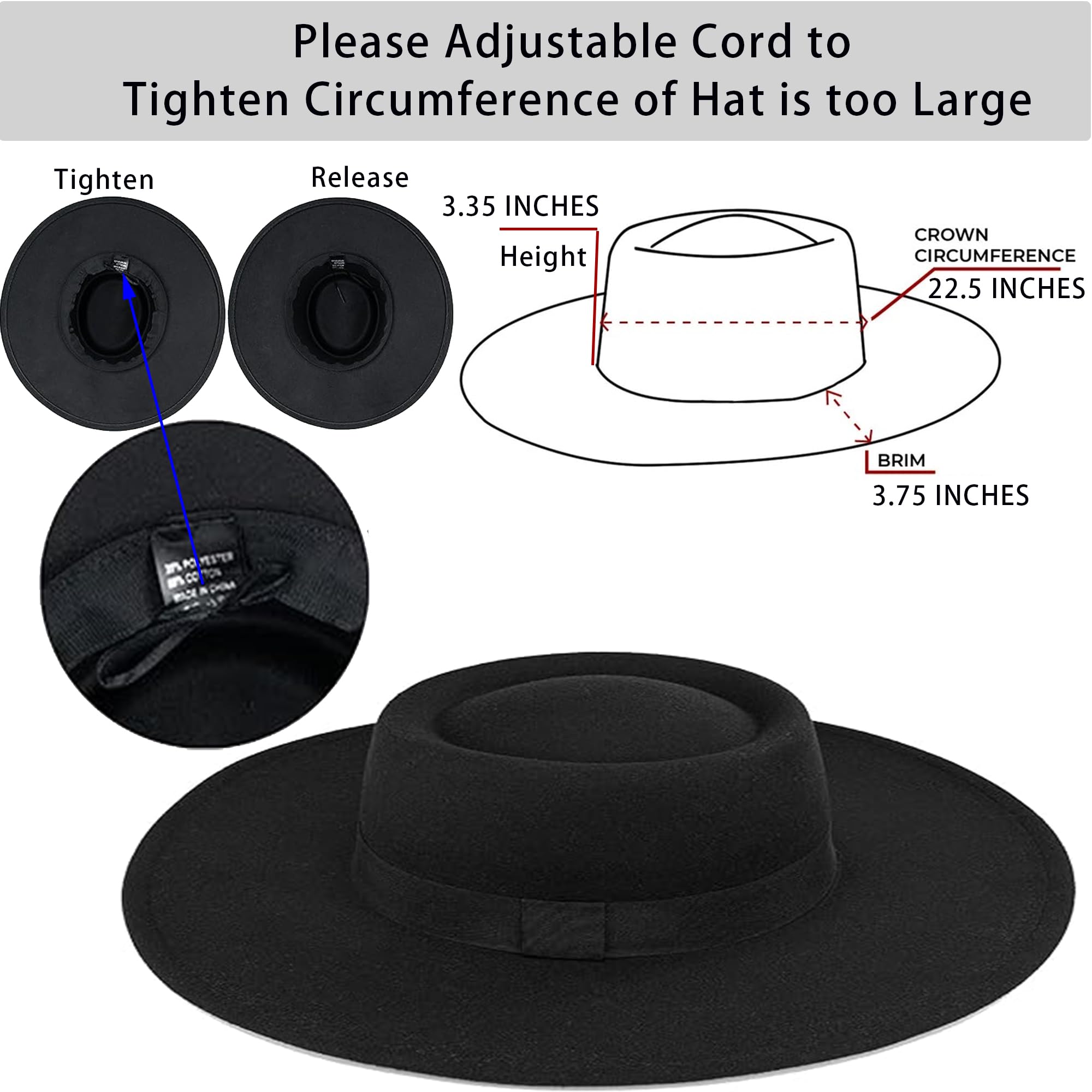 Black Felt Fedora for Women Men - Classic Wide Brim Boater Hat Flat Top Large-Derby-Cap Unisex