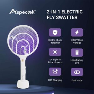 Aspectek 2 Pack Electric Fly Swatter 3000V,2 in 1 Mosquito Zapper, Rechargeable Bug Zapper Racket for Indoor and Outdoor, USB Charging Cable