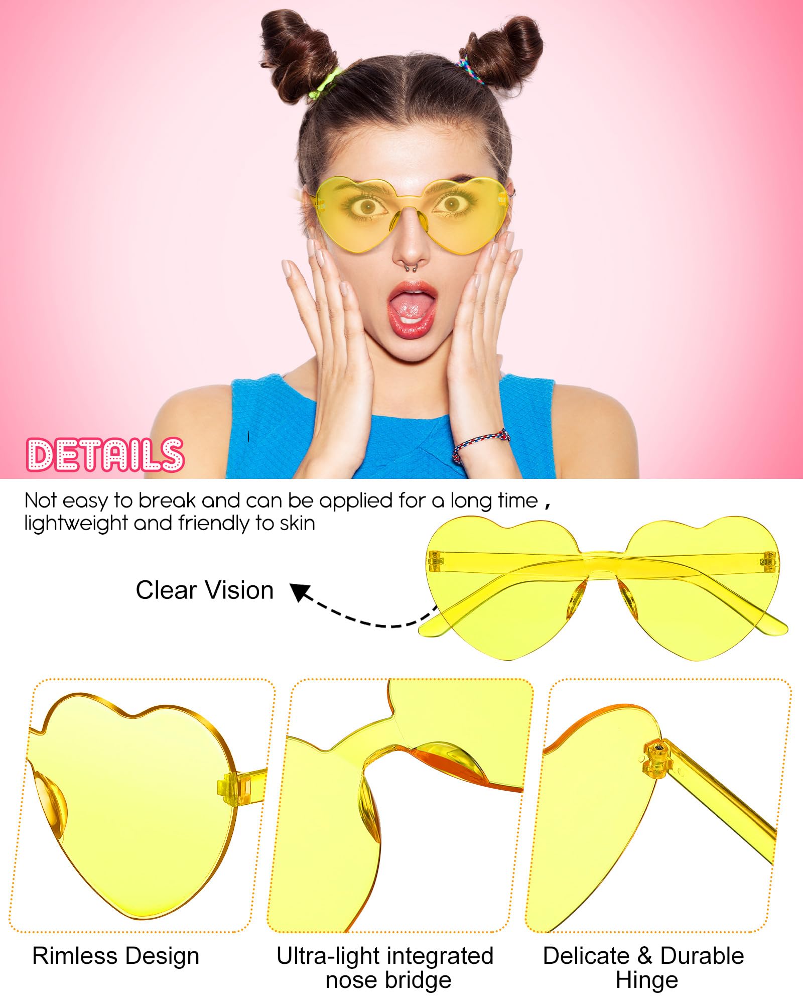 Sherr 48 Pairs Rimless Sunglasses Neon Party Supplies Glasses Plastic 80s Funky Sunglasses for Women Men (Neon Color,Heart Shape)