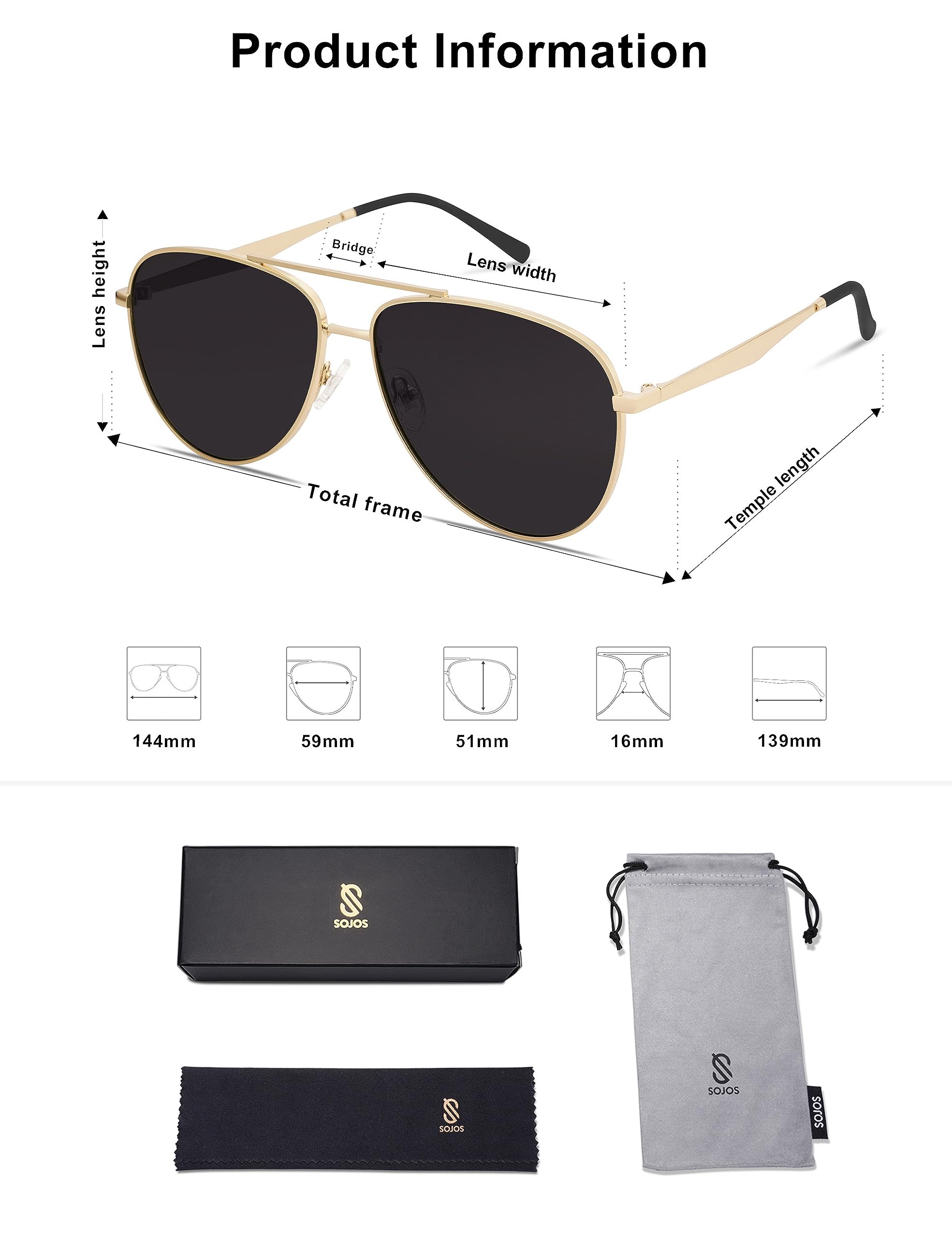 SOJOS Retro Oversized Aviator Polarized Sunglasses for Women Men Classic Large Metal Sun Glasses SJ1207A Gold/Grey Lens