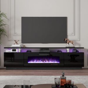 LUXOAK 80" Fireplace TV Stand, Modern High Gloss Finish Media Console with 40" Electric Fireplace, Open Storage Entertainment Center for TVs Up to 90" with LED Lights, Black