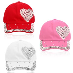 Toulite 3 Pcs Baseball Cap for Women Bling Heart Baseball Cap Studded Rhinestone Pearl Baseball Cap Shiny Baseball Cap for Women, Red Cream Pink