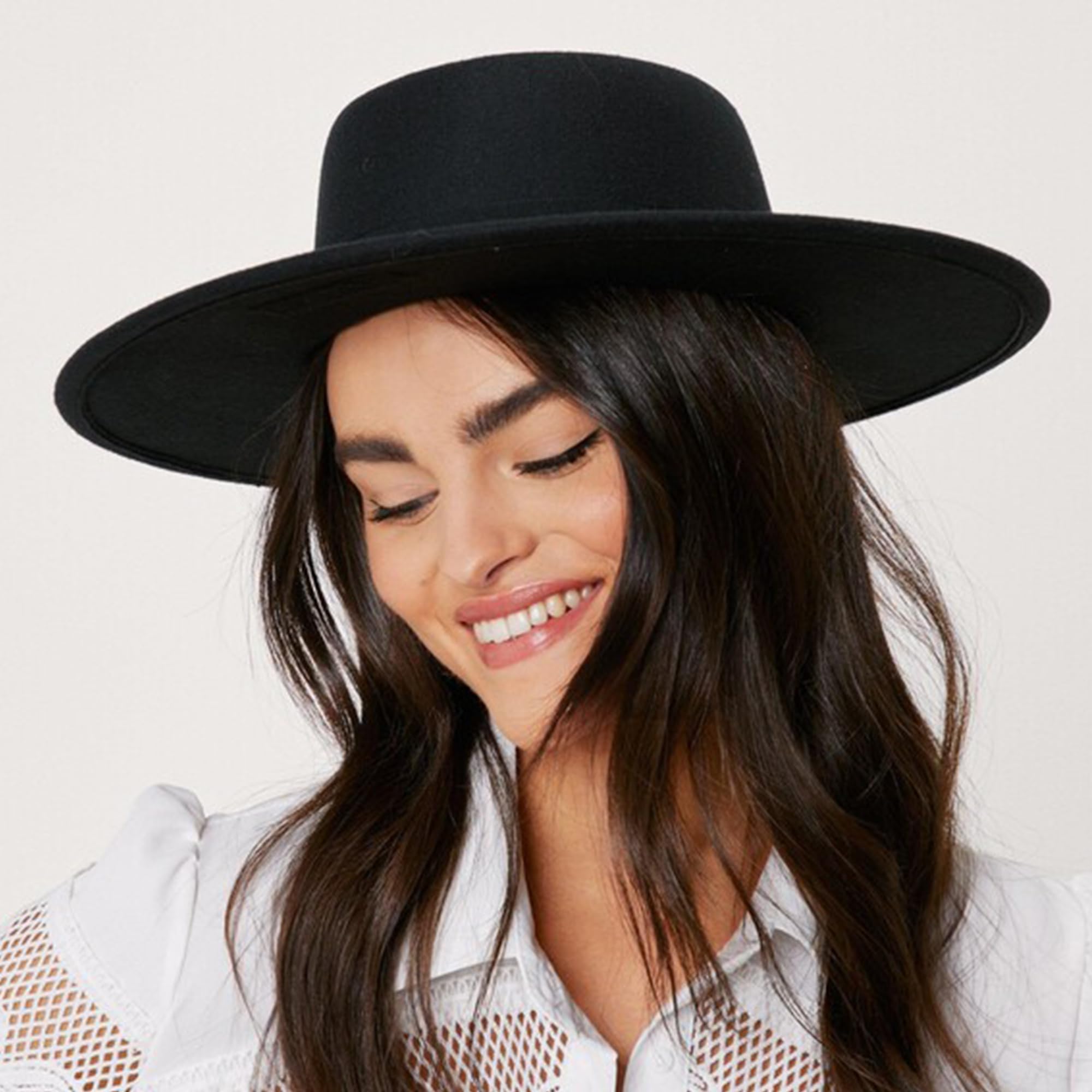 Black Felt Fedora for Women Men - Classic Wide Brim Boater Hat Flat Top Large-Derby-Cap Unisex