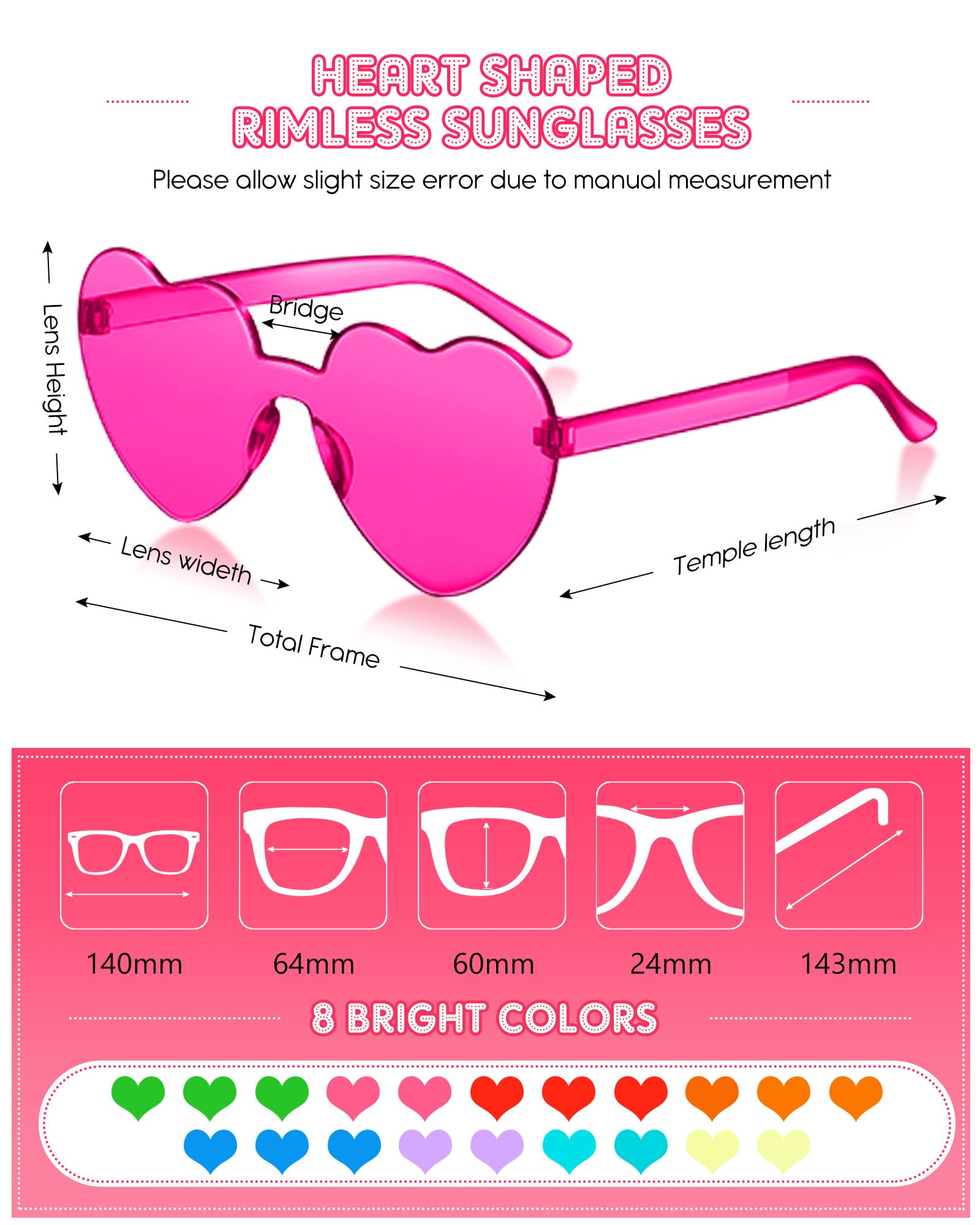 Sherr 48 Pairs Rimless Sunglasses Neon Party Supplies Glasses Plastic 80s Funky Sunglasses for Women Men (Neon Color,Heart Shape)