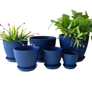 RooTrimmer 7.5/6.5/5.5/4.9/4.2/3.5 inches Plant Planters 6 Pack, Thick Sturdy Plastic Pots for Plants, Indoor/Outdoor 6 Sizes Flower Pots with Drainage Holes and Saucers (6 Sizes,Dark-Blue)