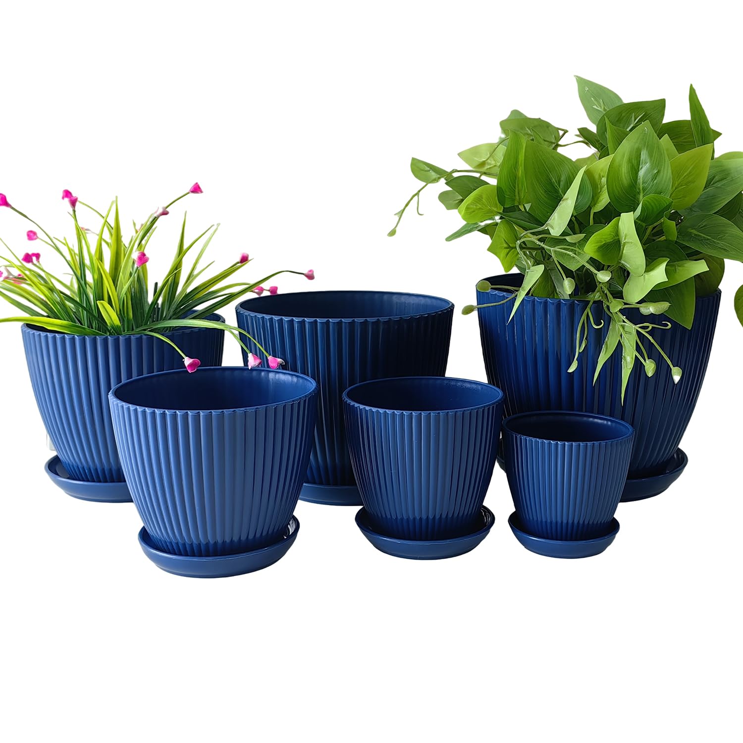 RooTrimmer 7.5/6.5/5.5/4.9/4.2/3.5 inches Plant Planters 6 Pack, Thick Sturdy Plastic Pots for Plants, Indoor/Outdoor 6 Sizes Flower Pots with Drainage Holes and Saucers (6 Sizes,Dark-Blue)