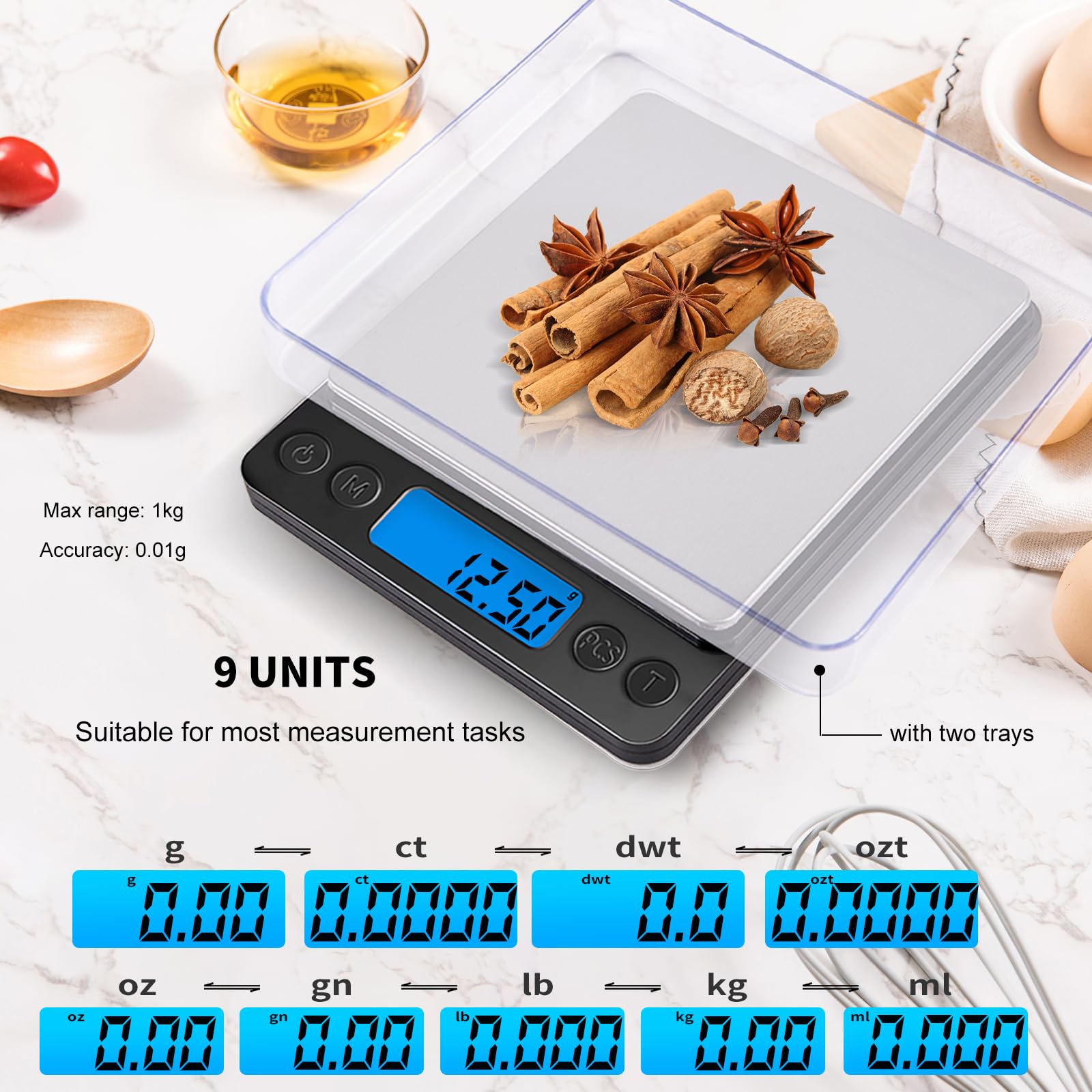 SKEAP Gram Scale 0.01g Accuracy, Food Scales Kitchen Digital Weight Grams & OZ, Jewelry Scale, High Accuracy Gram Scale, Digital Scale with Charging,Batteries and USB Cable Included