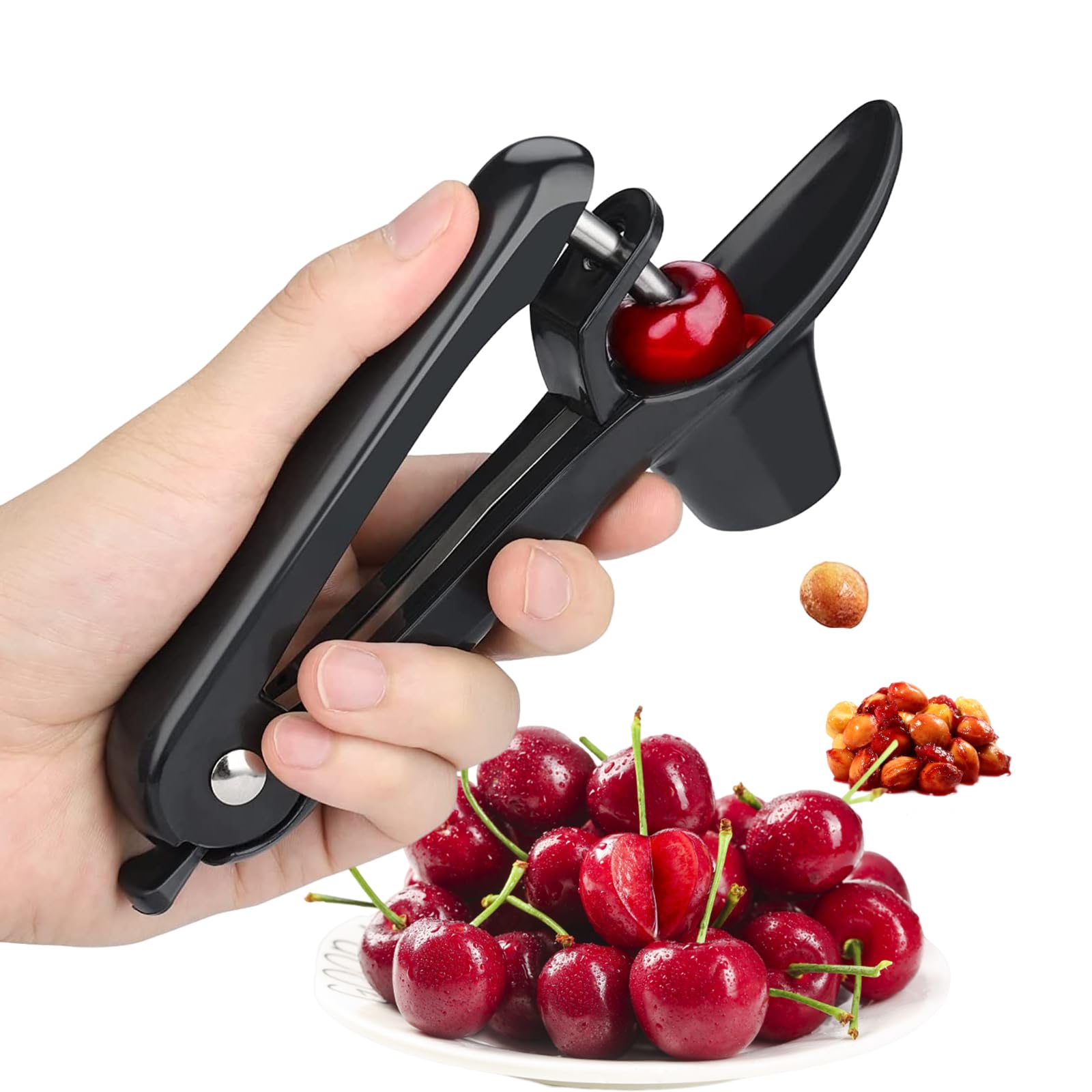 Cherry Pitter - Stainless Steel Olive and Cherries Pitters Corer Tool with Space-Saving Lock Design, Multi-Function Fruit Pit Remover for Cherry Jam (Black)