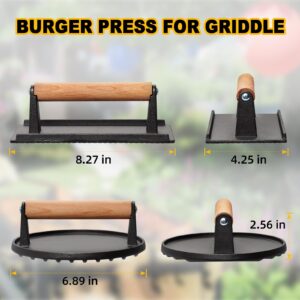 AIKWI Burger Press for Blackstone Griddle, 6.8-inch Round & 8.2" x 4.2" Rectangular Heavy Duty Cast Iron Smash Meat Steak Sandwich Bacon Grill Press with Wood Handle for Barbecue, Nonstick Pan