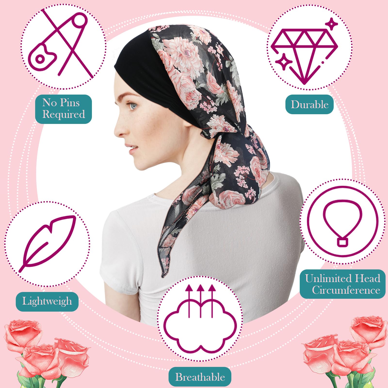 Vabean 4 Pcs Women Chemo Headwear Turbans Summer Head Scarf Patient Cancer Hats Headwrap for Long Hair or Hair Loss (Classic)