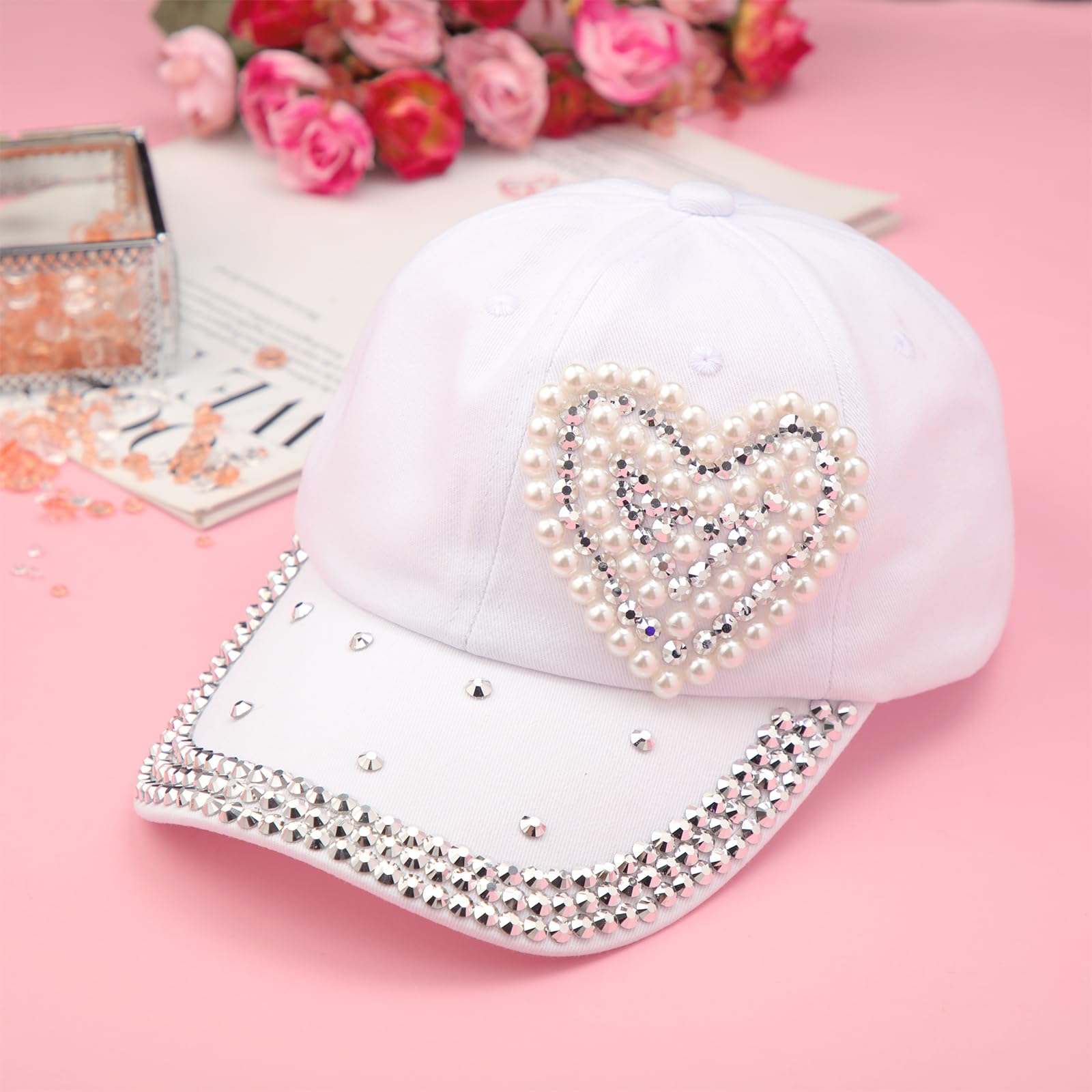 Toulite 3 Pcs Baseball Cap for Women Bling Heart Baseball Cap Studded Rhinestone Pearl Baseball Cap Shiny Baseball Cap for Women, Red Cream Pink