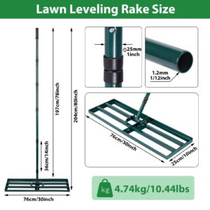 Lawn Leveling Rake,Stainless Steel Lawn Leveler with 30”x10” Ground Plate, 78” Adjustable Long Handle, Level Lawn Tool for Grass, Golf Field, Level Soil or Dirt Ground Surfaces-Green