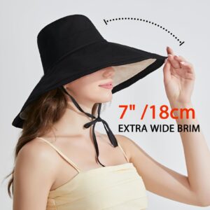 KEYDUACU 7" Women's Wide Brim Sun Hat, Large Foldable UV Protective Sun Hat, can be Worn on Both Sides, Suitable for Beach, Gardening, Travelling, Hiking（Black/White）