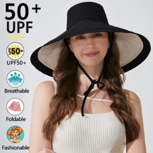 KEYDUACU 7" Women's Wide Brim Sun Hat, Large Foldable UV Protective Sun Hat, can be Worn on Both Sides, Suitable for Beach, Gardening, Travelling, Hiking（Black/White）