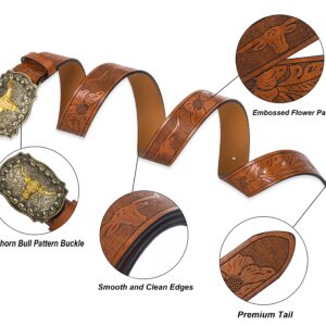 HinyBoeh Western-PU-Leather-Belts for Men and Women Cowboy-Cowgirl Longhorn-Bull-Pattern-Engraved-Buckle-Belt for Unisex