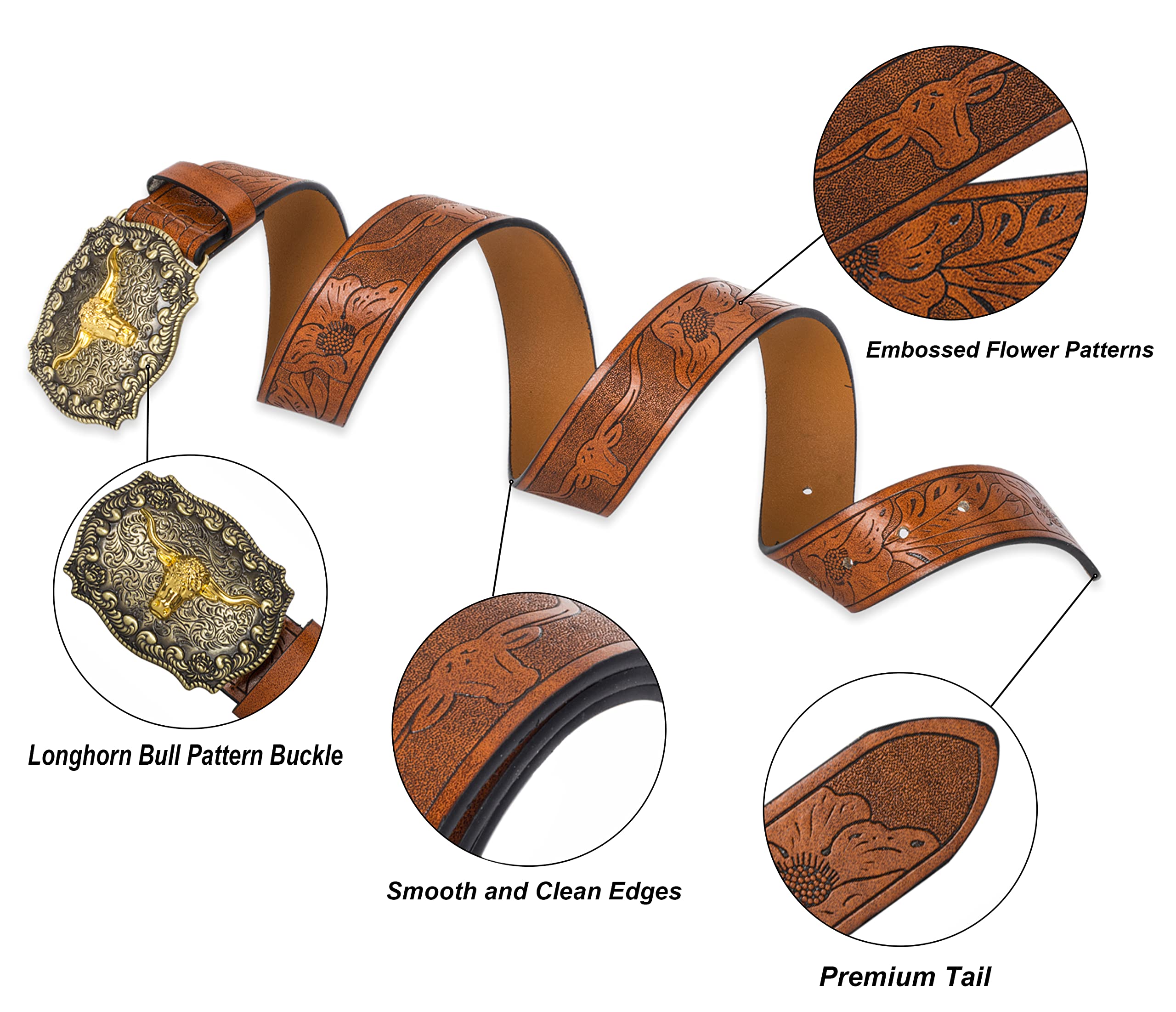 HinyBoeh Western-PU-Leather-Belts for Men and Women Cowboy-Cowgirl Longhorn-Bull-Pattern-Engraved-Buckle-Belt for Unisex