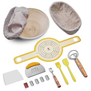 sourdough bread baking set, 10 inch oval & 9 inch round banneton bread proofing baskets with linen liner, silicone bread sling, danish dough whisk, dough scraper kit, silicone brush & silicone spatula