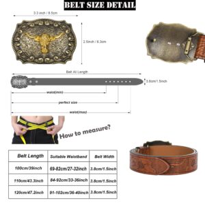 HinyBoeh Western-PU-Leather-Belts for Men and Women Cowboy-Cowgirl Longhorn-Bull-Pattern-Engraved-Buckle-Belt for Unisex