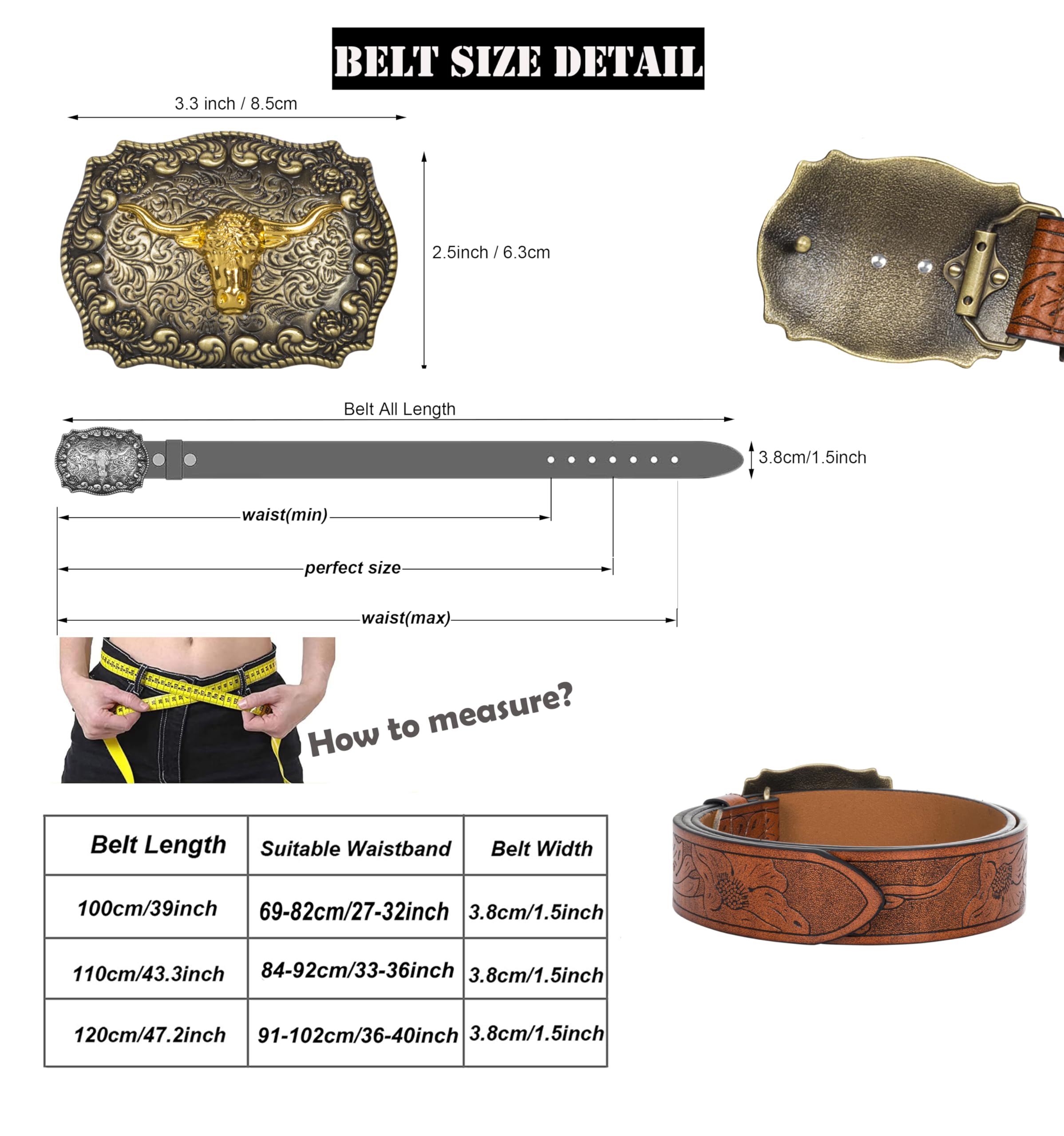 HinyBoeh Western-PU-Leather-Belts for Men and Women Cowboy-Cowgirl Longhorn-Bull-Pattern-Engraved-Buckle-Belt for Unisex