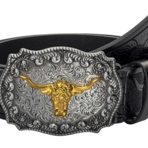 Vikodah Men Women-Western-Cowboy-Leather-Belts - Longhorn Bull Pattern Buckle Belt Floral Engraved Buckle Belt for Jeans