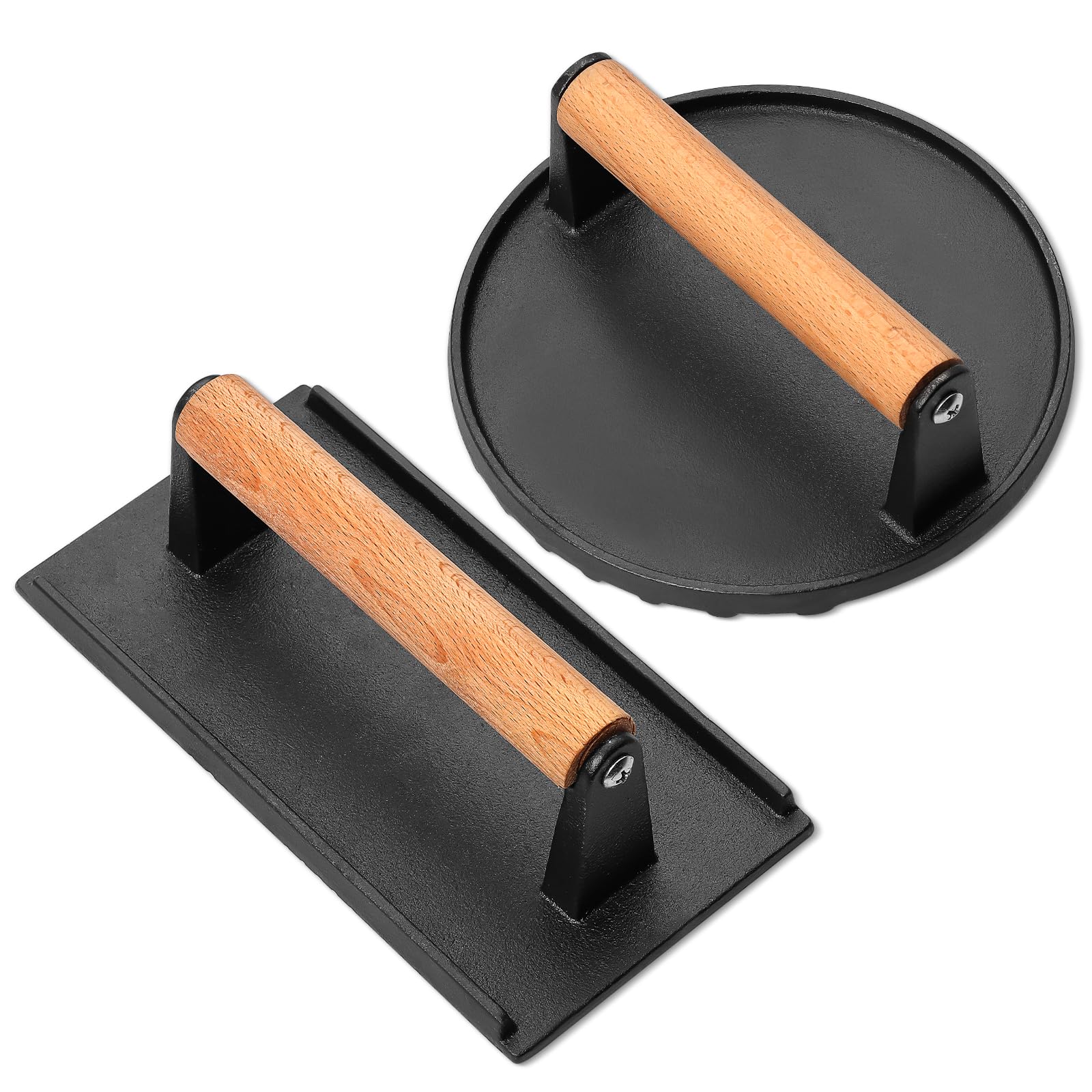 AIKWI Burger Press for Blackstone Griddle, 6.8-inch Round & 8.2" x 4.2" Rectangular Heavy Duty Cast Iron Smash Meat Steak Sandwich Bacon Grill Press with Wood Handle for Barbecue, Nonstick Pan