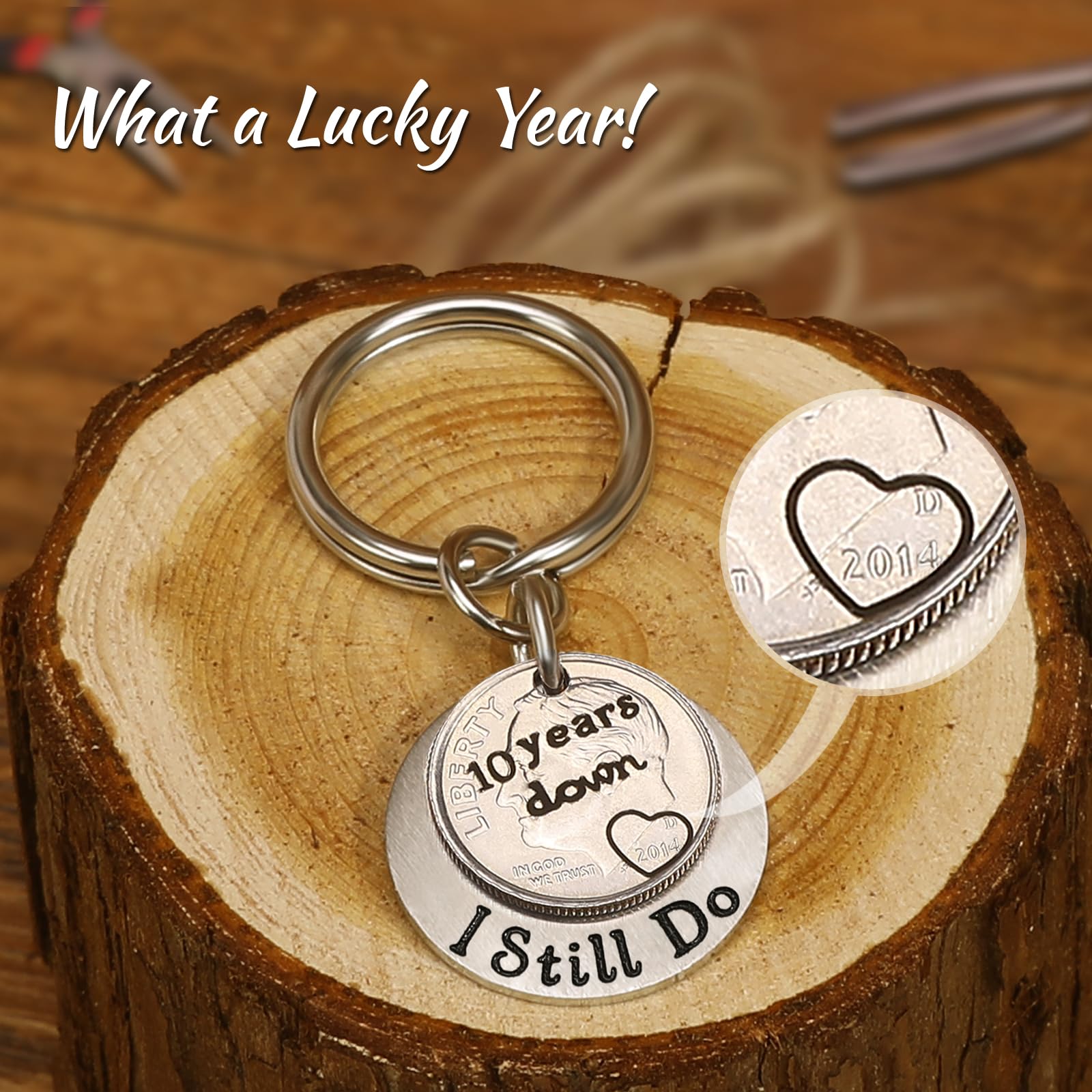 HRMYUDI 10th Anniversary Tin Gifts, 10 Years Down and I Still Do Anniversary Coin Keychain with a 2014 Dime, 10 Year Anniversary Wedding Gift for Him Her