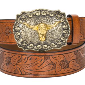 HinyBoeh Western-PU-Leather-Belts for Men and Women Cowboy-Cowgirl Longhorn-Bull-Pattern-Engraved-Buckle-Belt for Unisex