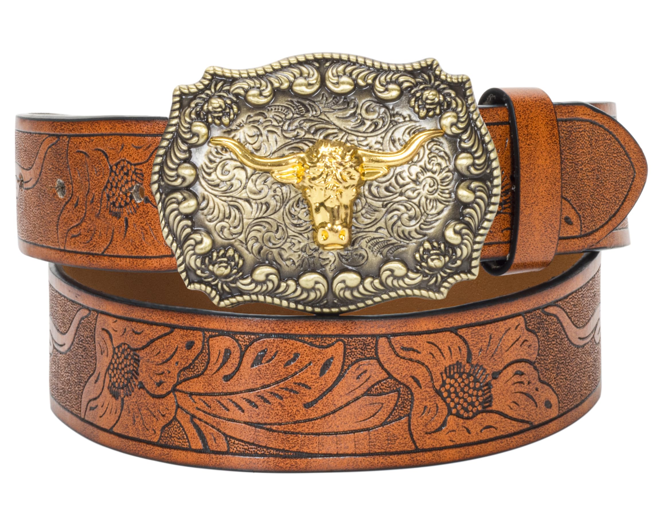 HinyBoeh Western-PU-Leather-Belts for Men and Women Cowboy-Cowgirl Longhorn-Bull-Pattern-Engraved-Buckle-Belt for Unisex