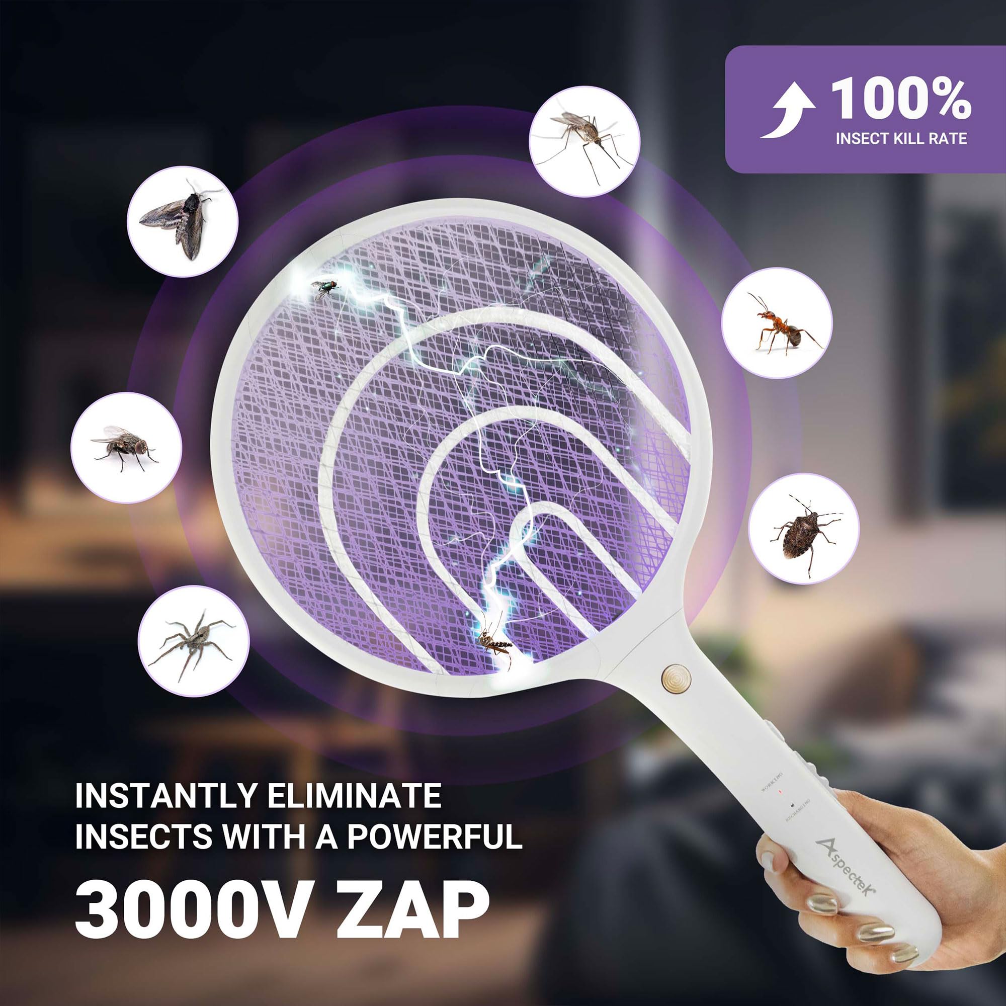 Aspectek 2 Pack Electric Fly Swatter 3000V,2 in 1 Mosquito Zapper, Rechargeable Bug Zapper Racket for Indoor and Outdoor, USB Charging Cable