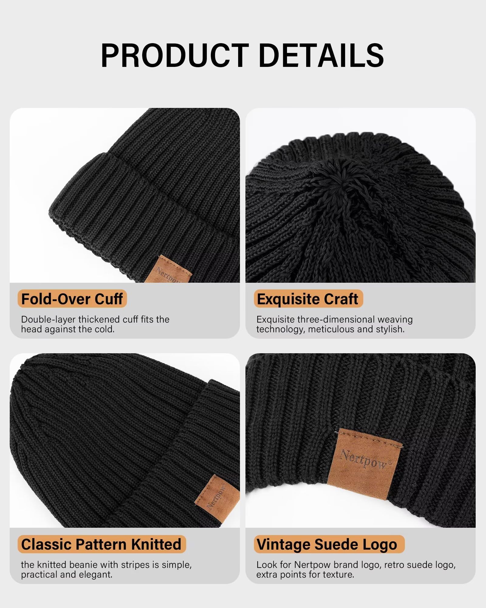 Nertpow Men's 3-Pack Thermal Fleece Lined Knit Beanie Hats for Winter