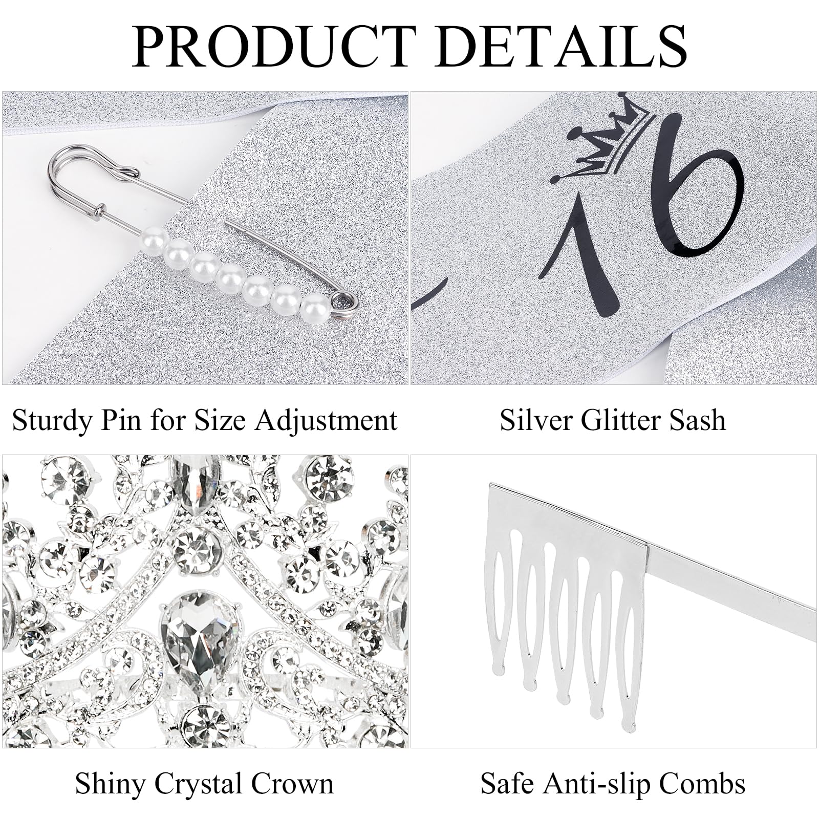 Casoty Sweet 16 Birthday Sash, Tiara Set with Pearl Pin, and Decorations for Girls