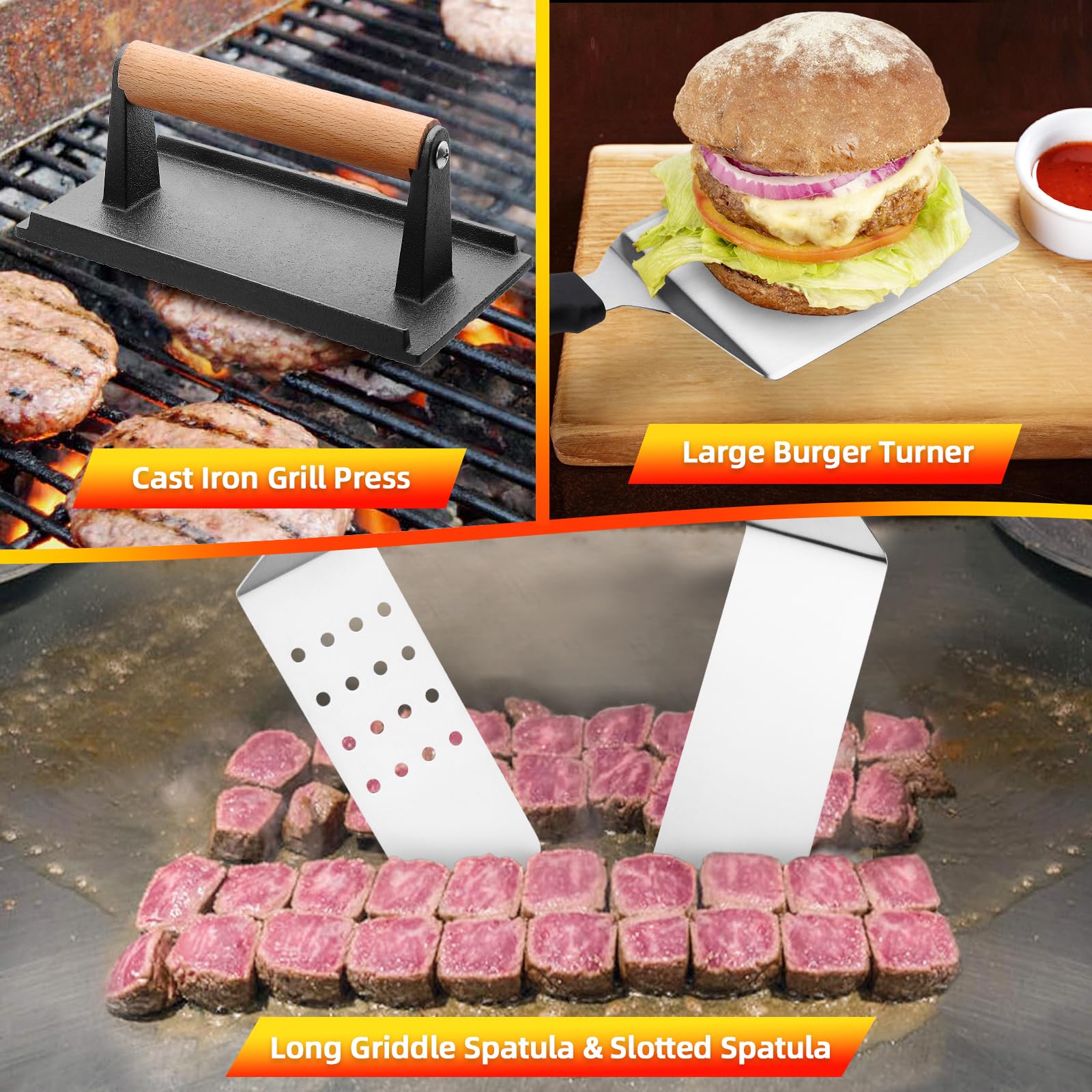 10PCS Griddle Accessories Kit, CEKEE Flat Top Grill Accessories Set and Burger Press for Blackstone and Camp Chef, Grill Spatula Set with Enlarged Spatulas, Scraper for Outdoor BBQ Cooking