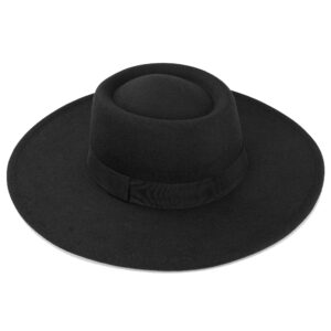 Black Felt Fedora for Women Men - Classic Wide Brim Boater Hat Flat Top Large-Derby-Cap Unisex