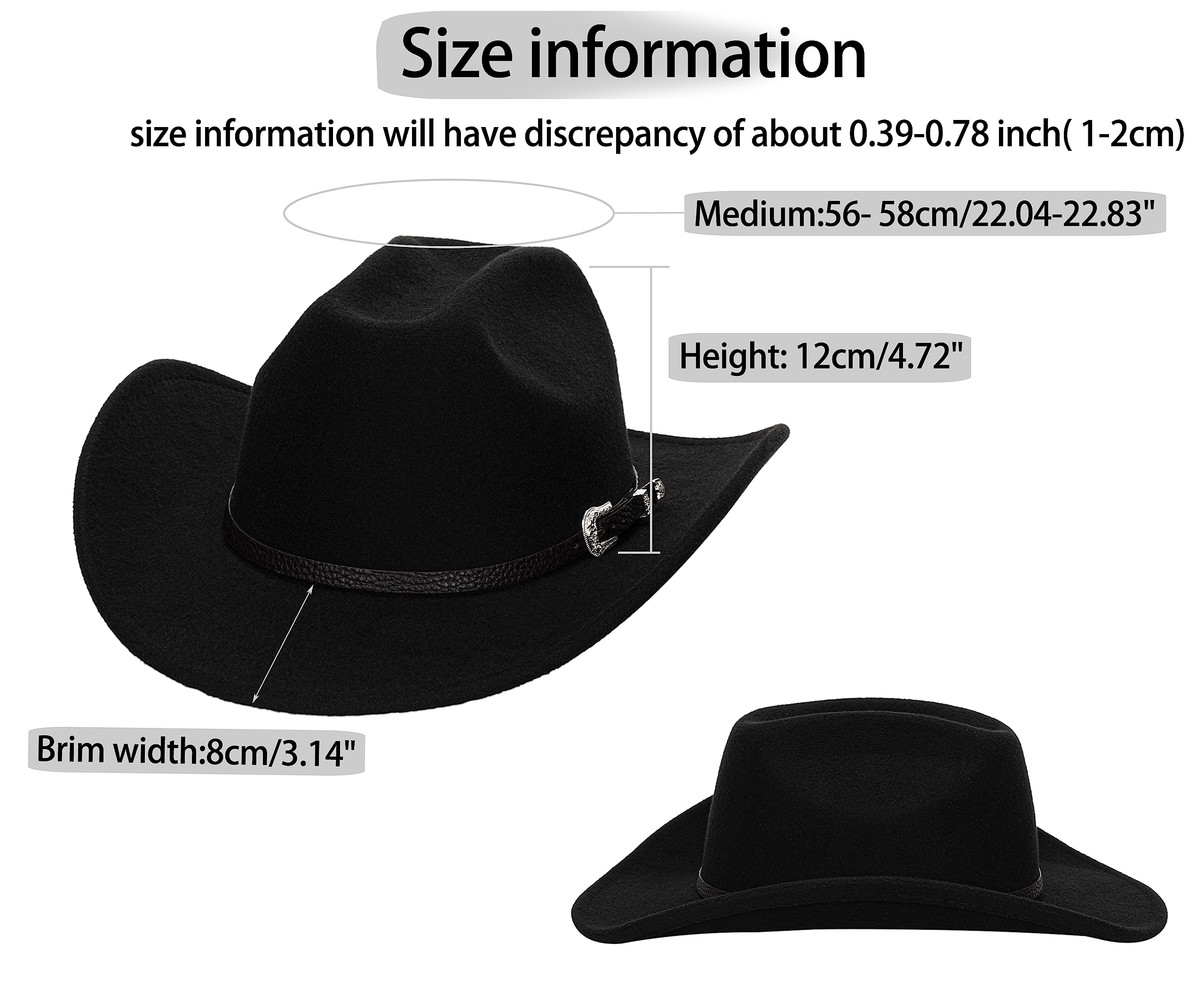 Classic-Women-Men-Western-Cowboy-Hat-Cowgirl-Hat-Wide-Brim-Outdoor-Fedora-Hat with Buckle-Belt Black