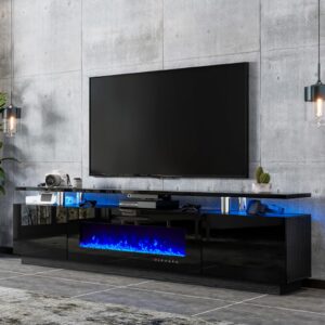 luxoak 80" fireplace tv stand, modern high gloss finish media console with 40" electric fireplace, open storage entertainment center for tvs up to 90" with led lights, black