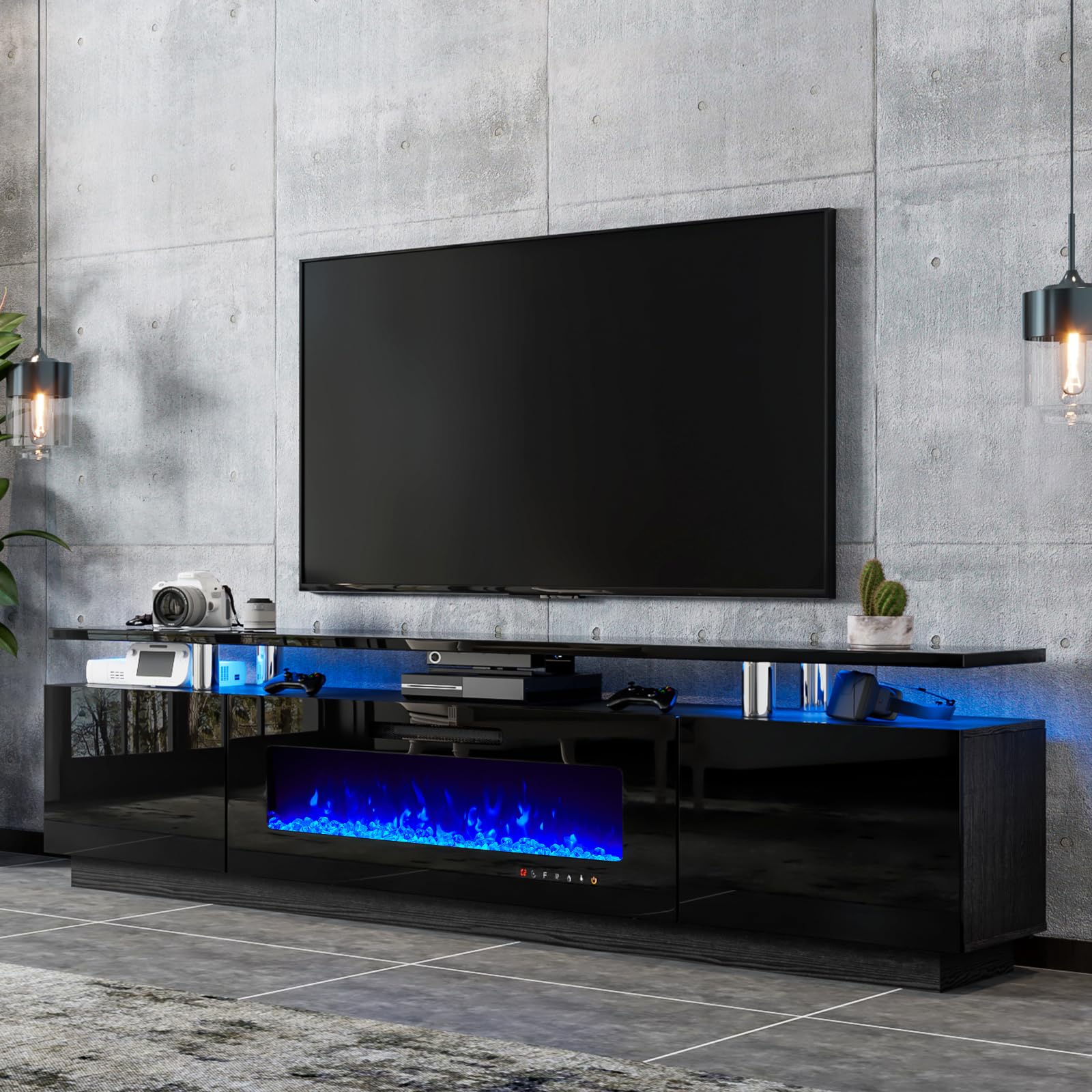 LUXOAK 80" Fireplace TV Stand, Modern High Gloss Finish Media Console with 40" Electric Fireplace, Open Storage Entertainment Center for TVs Up to 90" with LED Lights, Black