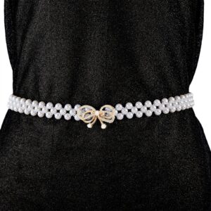 auwiyd Elegant Rhinestone Pearl Elastic Waist Chain Belt Luxury Bow Chain Dress Crystal Waist Strap Pearl Waistband for Women and Girls Fashion Bow Dress Dress Belt Skirt Clothing Decoration