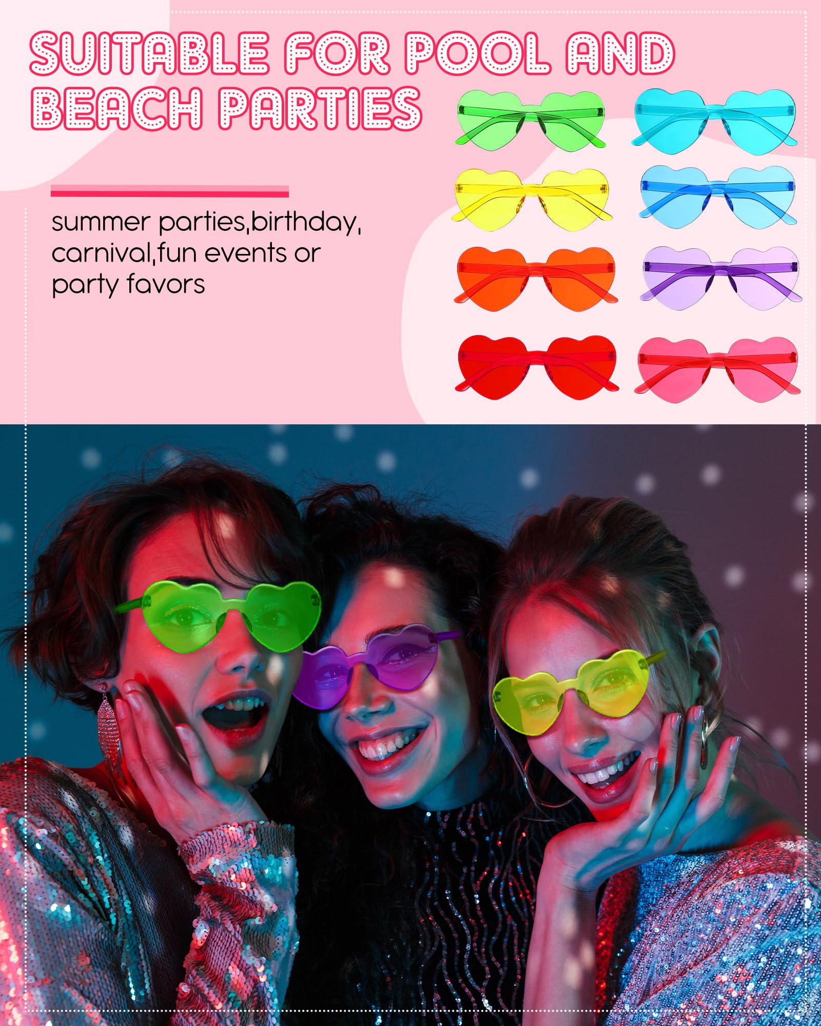 Sherr 48 Pairs Rimless Sunglasses Neon Party Supplies Glasses Plastic 80s Funky Sunglasses for Women Men (Neon Color,Heart Shape)