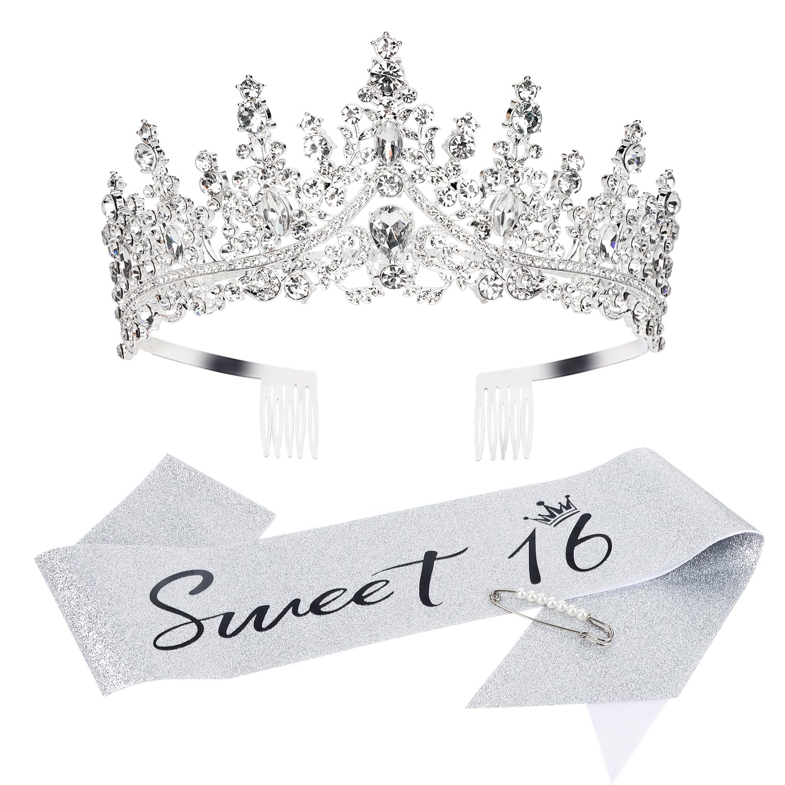 Casoty Sweet 16 Birthday Sash, Tiara Set with Pearl Pin, and Decorations for Girls