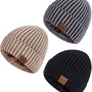 Nertpow Men's 3-Pack Thermal Fleece Lined Knit Beanie Hats for Winter