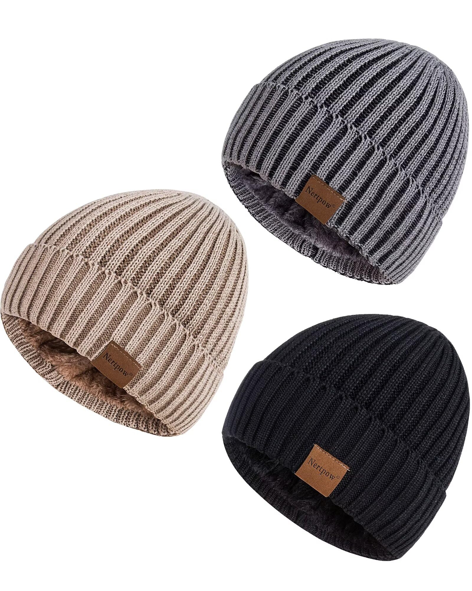 Nertpow Men's 3-Pack Thermal Fleece Lined Knit Beanie Hats for Winter