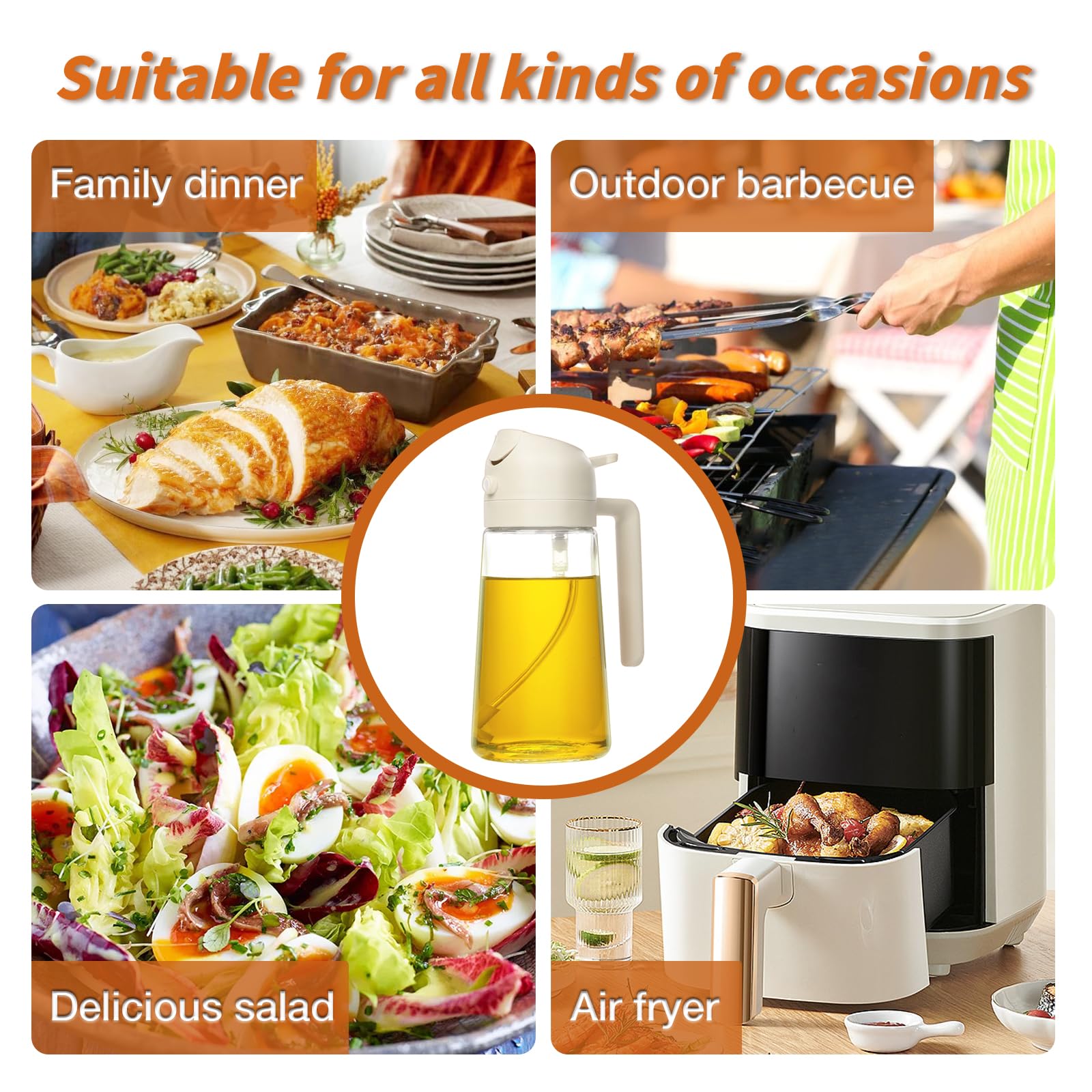 YARRAMATE Oil Sprayer for Cooking, 2 in 1 Olive Oil Dispenser Bottle for Kitchen, 16oz/470ml Premium Glass Oil Bottle, Food-grade Oil Mister for Air Fryer, Salad, Frying, BBQ (Creamy White)