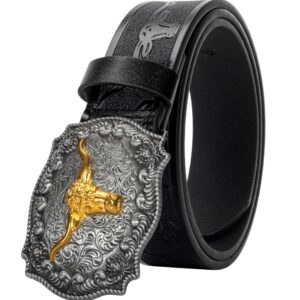 Vikodah Men Women-Western-Cowboy-Leather-Belts - Longhorn Bull Pattern Buckle Belt Floral Engraved Buckle Belt for Jeans