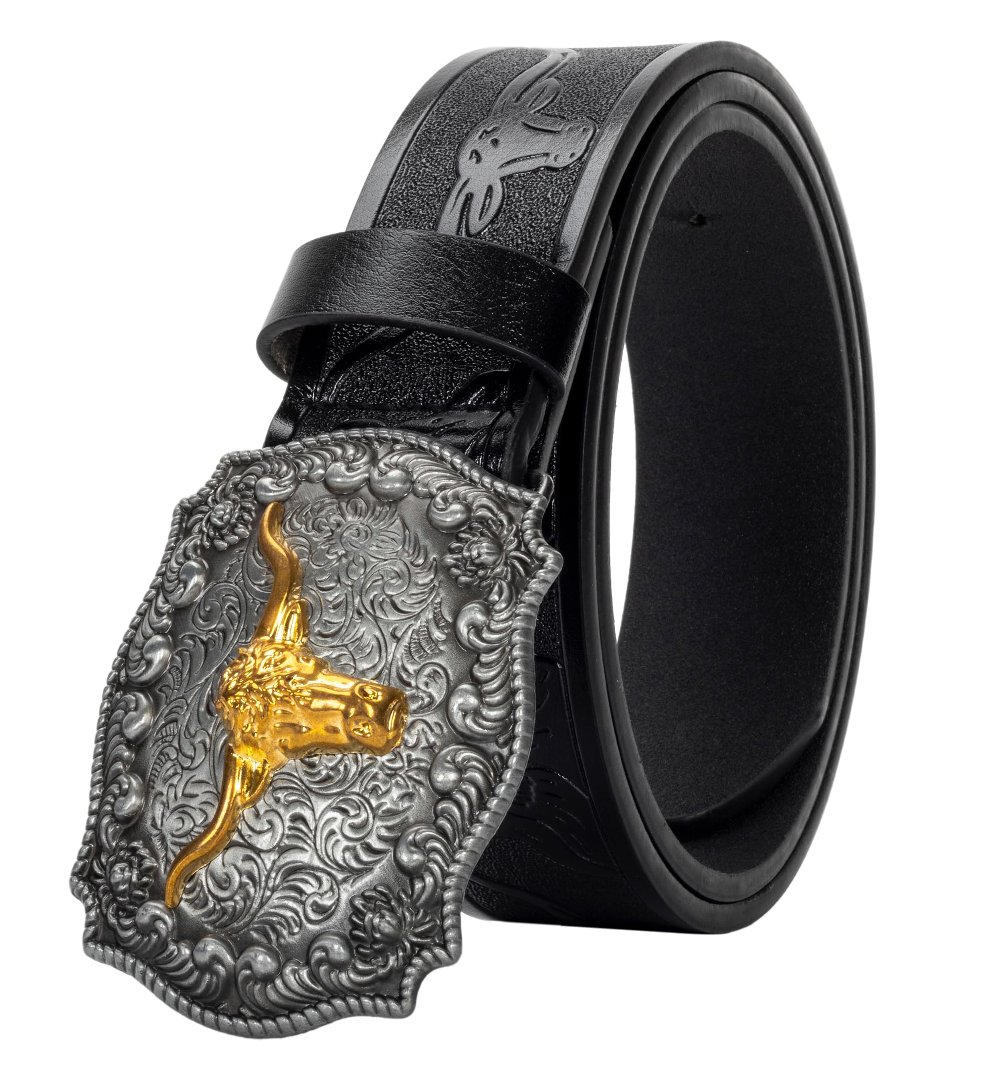 Vikodah Men Women-Western-Cowboy-Leather-Belts - Longhorn Bull Pattern Buckle Belt Floral Engraved Buckle Belt for Jeans