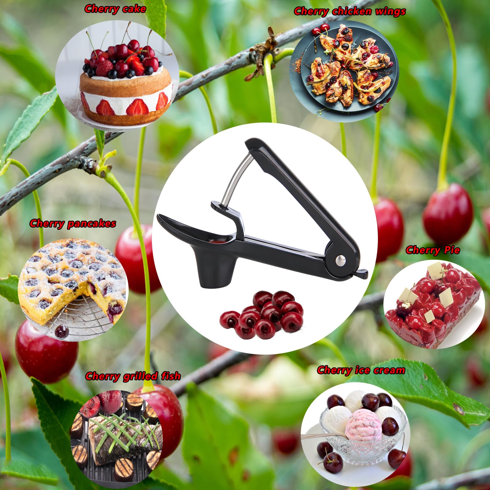 Cherry Pitter - Stainless Steel Olive and Cherries Pitters Corer Tool with Space-Saving Lock Design, Multi-Function Fruit Pit Remover for Cherry Jam (Black)