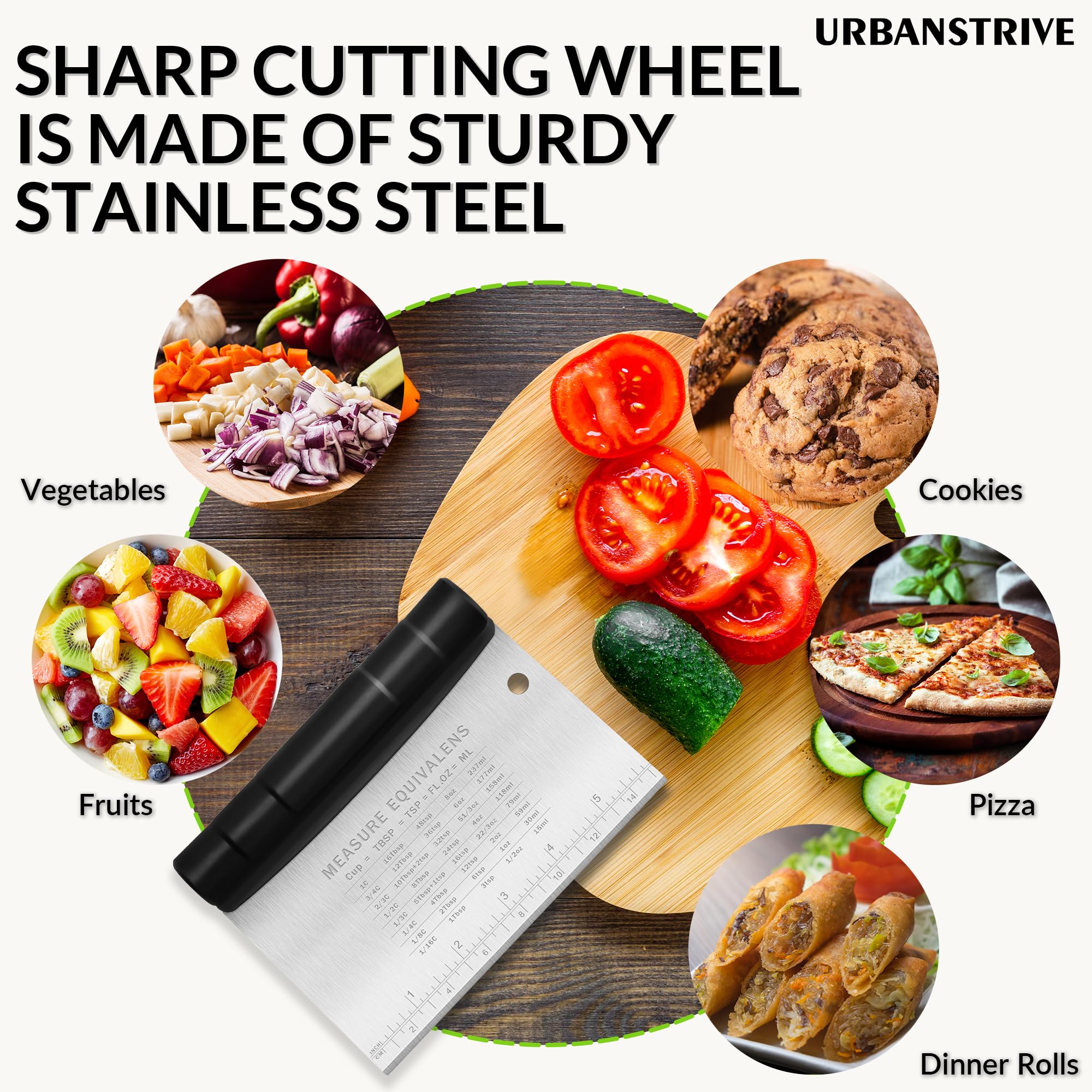 Urbanstrive Bench Scraper for Baking, Stainless Steel Dough Cutter and Scraper Tool Kitchen, Kitchen Scraper Food Scraper Tool Pizza Cutter Food Chopper, Multi-Purpose Kitchen Gadgets, Black